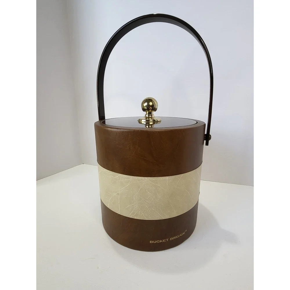 Vintage Bucket Brigade Morgan Designs Ice Bucket Brown Faux Leather Mid Century